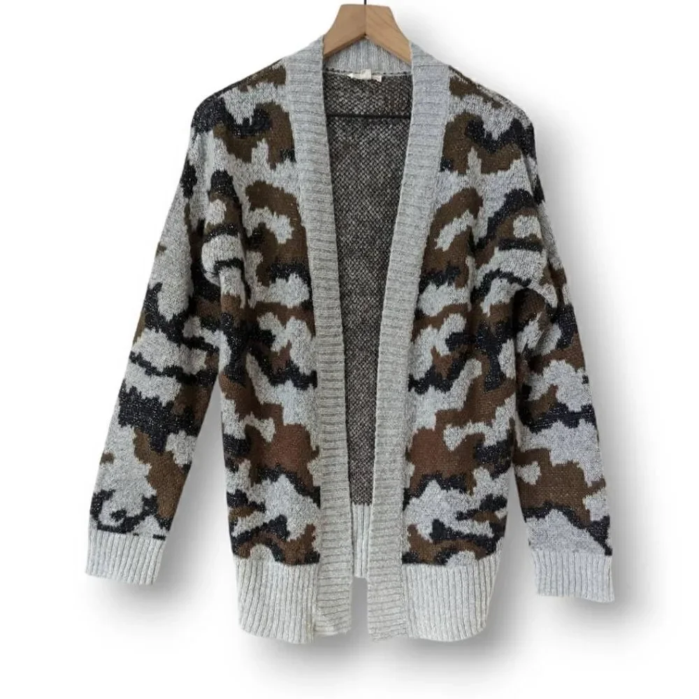 Mystree Womens Cardigan Sweater Knitted Camouflage Gray Small